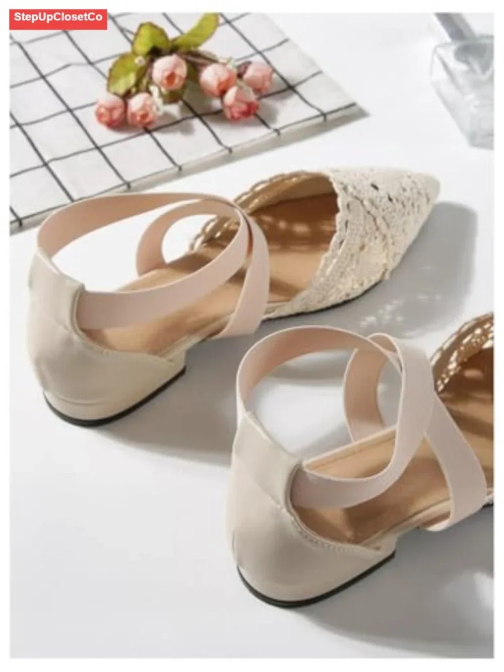 Women's Pointed Toe Crochet Flats Hollow Out Mesh Ballet Flats Crisscross